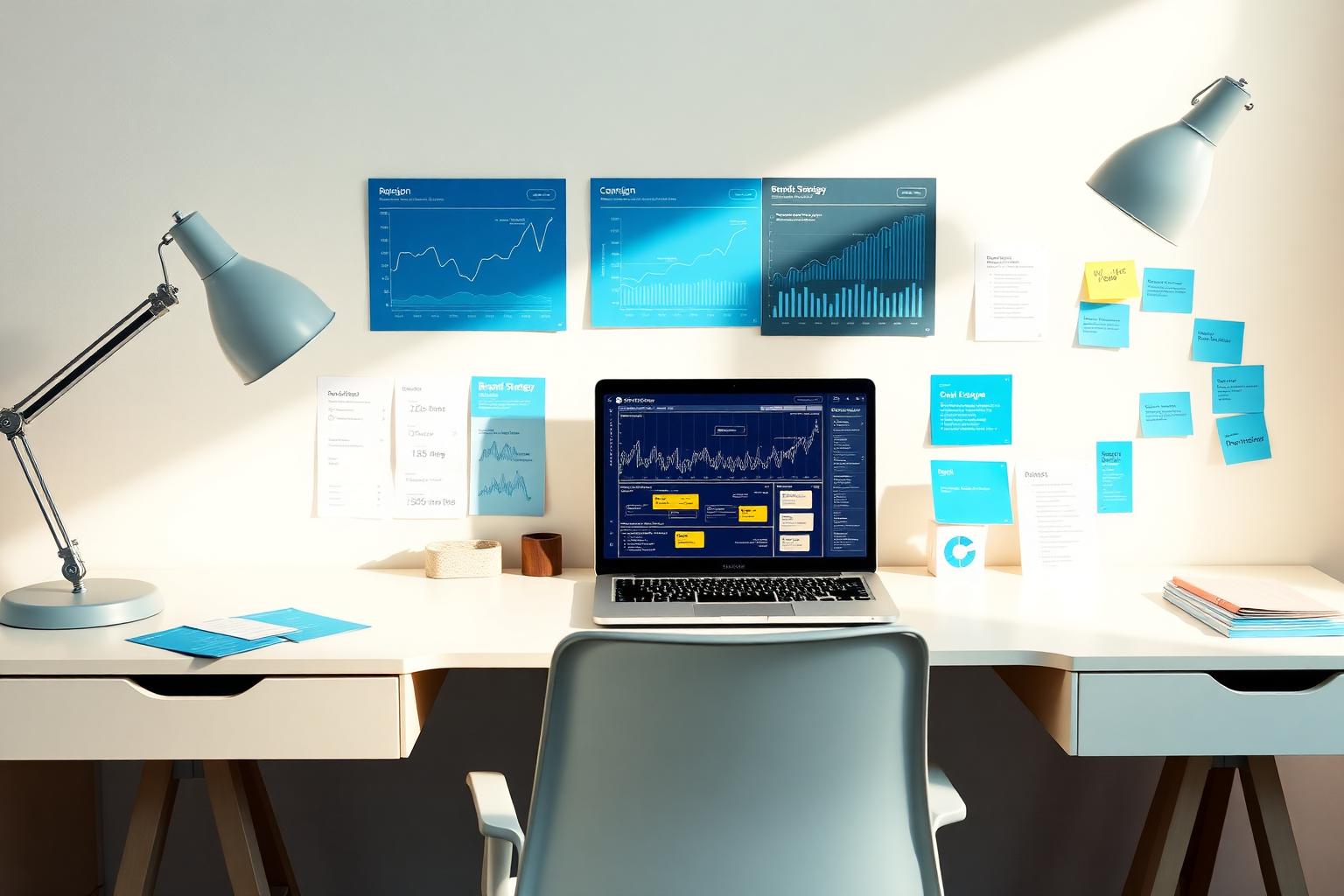 Blue and cream marketing workspace with growth dashboards and campaign planning materials